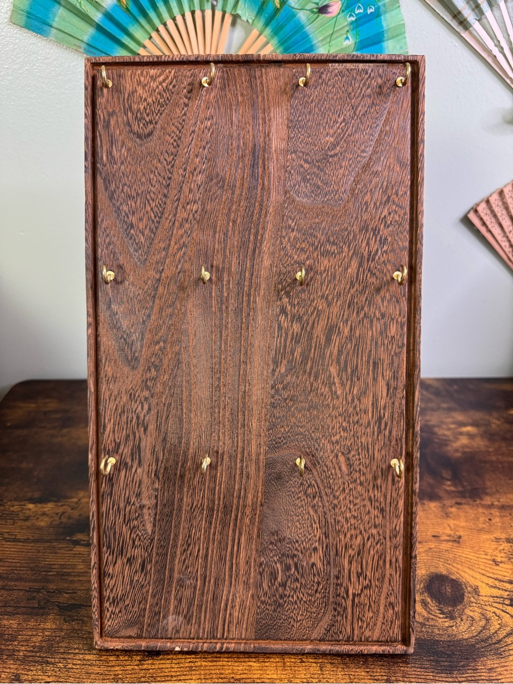 Wooden Earring or Jewelry Display Stand with Brass Hooks - Brown